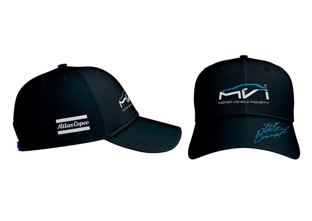 Boné do Programa MVI Motor Vehicle Industry. Parte integrante do Manual de Linguagem da Marca desenvolvido pela Ópera Criativa para a Atlas Copco Brasil.