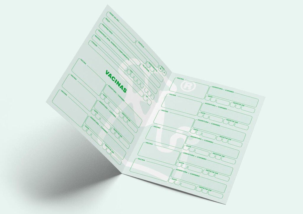 Miolo da Caderneta de Vacinação da Clínica Veterinária Laicão. Criação e design da Ópera Criativa.
