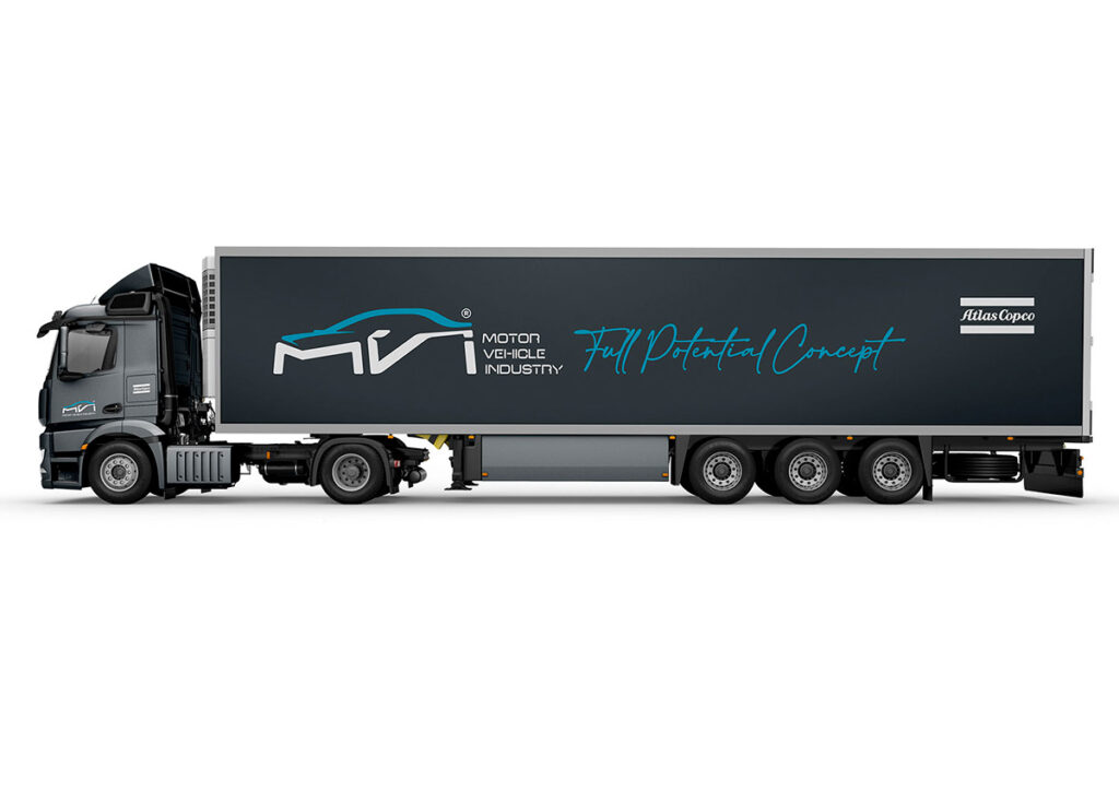 Aplicação em grande formato do logotipo do Programa MVI Motor Vehicle Industry. Parte integrante do Manual de Linguagem da Marca desenvolvido pela Ópera Criativa para a Atlas Copco Brasil.