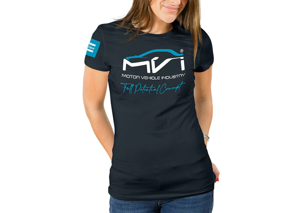 Camiseta do Programa MVI Motor Vehicle Industry. Parte integrante do Manual de Linguagem da Marca desenvolvido pela Ópera Criativa para a Atlas Copco Brasil.