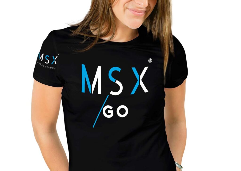 Camiseta MSX/GO. Parte do Manual de Linguagem da Marca desenvolvido pela Ópera Criativa para a empresa paulista especializada em Gerenciamento de Obras.
