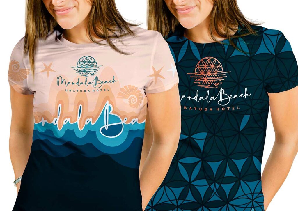 Camisetas promocionais Mandala Beach Ubatuba Hotel. Criação da Ópera Criativa, Linguagem de Marca