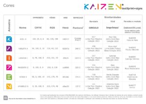 Paleta de Cores Kaizen TextilPrint + Signs. Parte do Manual de Linguagem da Marca para a empresa especializada em Signs e Impressão Digital sobre Tecidos desenvolvido pela Ópera Criativa.