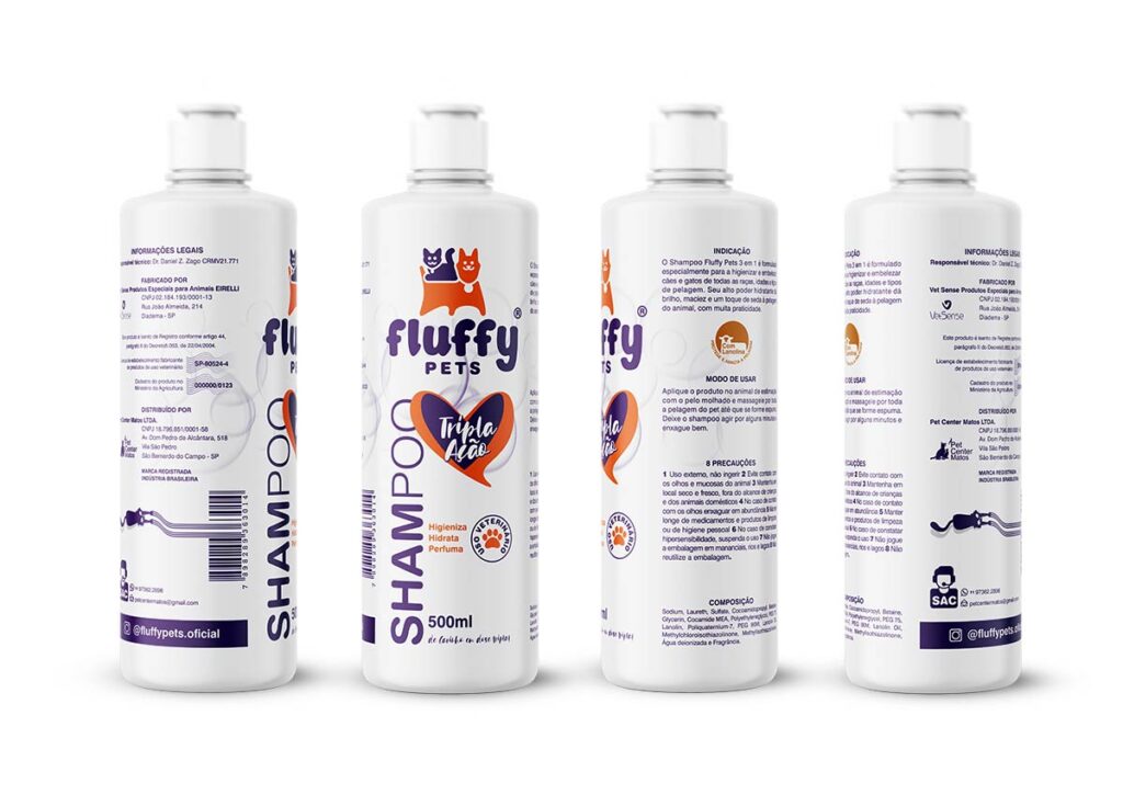 Proposta inicial do shampoo de uso veterinário Tripla Ação da FluffyPets. Criação e design da Ópera.