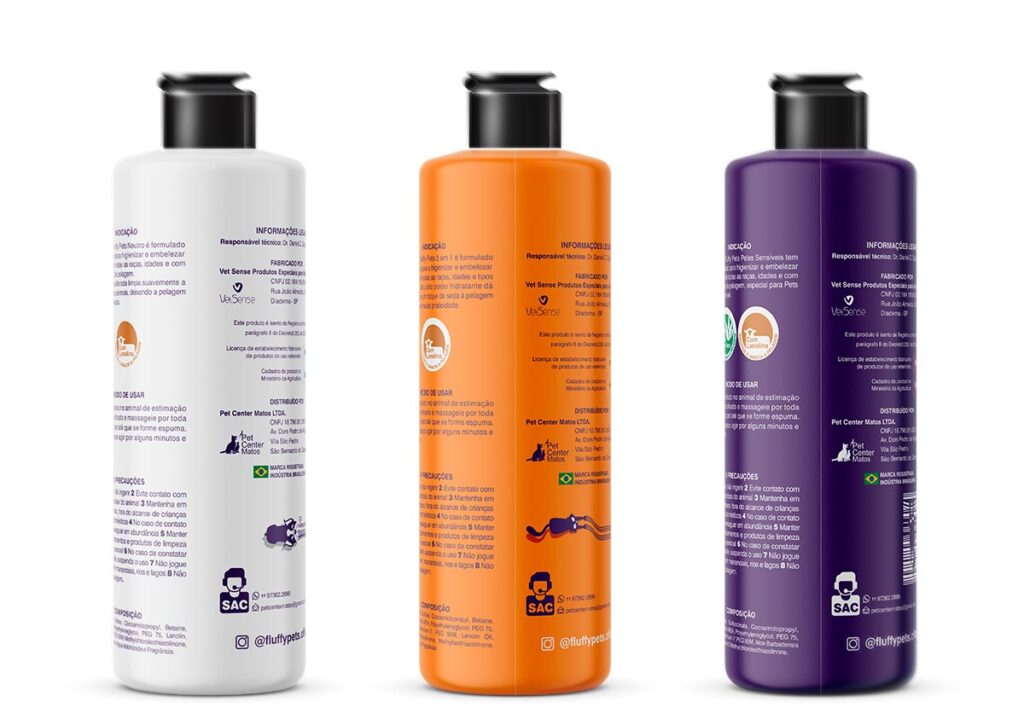 Emenda dos rótulos para shampoos de uso veterinário, criados pela Ópera para a FluffyPets.