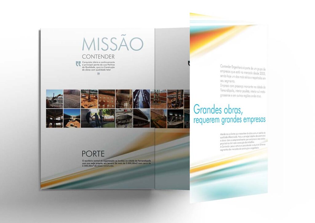 Apresentação do design das dobras do folder criado pela Ópera para a empresa de engenharia Contender.