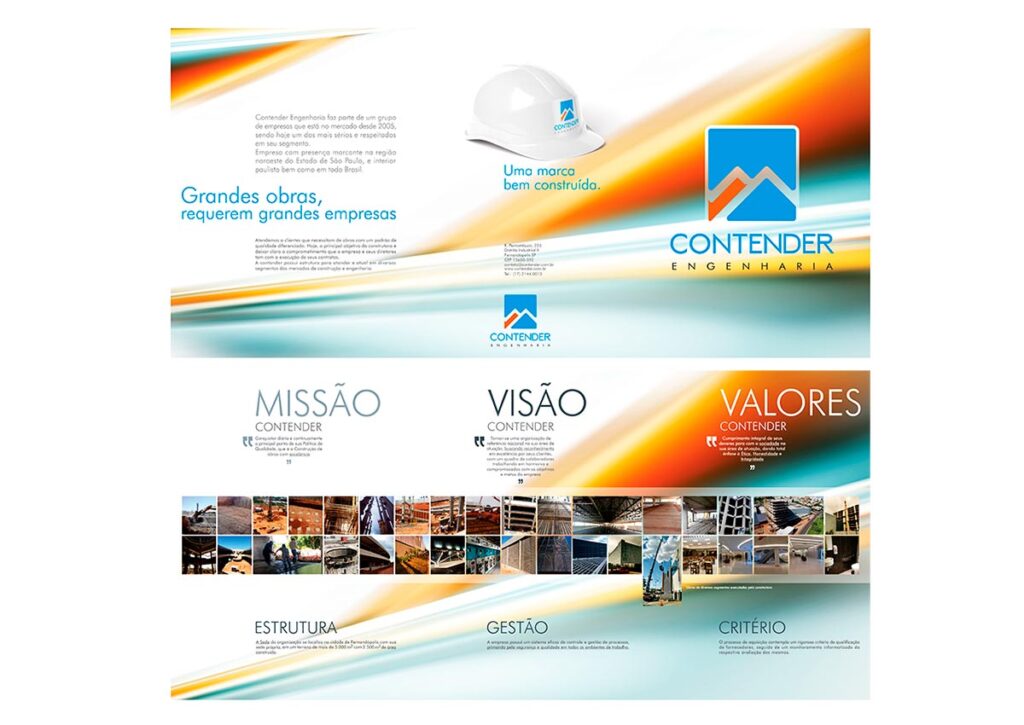 Planificação do folder Contender Engenharia. Projeto gráfico da Ópera Criativa.