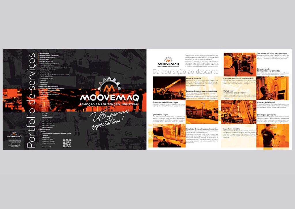 Projeto folder Moovemaq planificado (Frente e Verso). Criado pela Ópera para a empresa de São Paulo, SP.