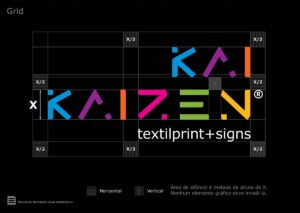 Grid Kaizen TextilPrint + Signs. Parte do Manual de Linguagem da Marca para a empresa especializada em Signs e Impressão Digital sobre Tecidos desenvolvido pela Ópera Criativa.