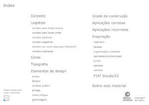 Conteúdo do Manual Kaizen TextilPrint + Signs. Parte do Manual de Linguagem da Marca para a empresa especializada em Signs e Impressão Digital sobre Tecidos desenvolvido pela Ópera Criativa.