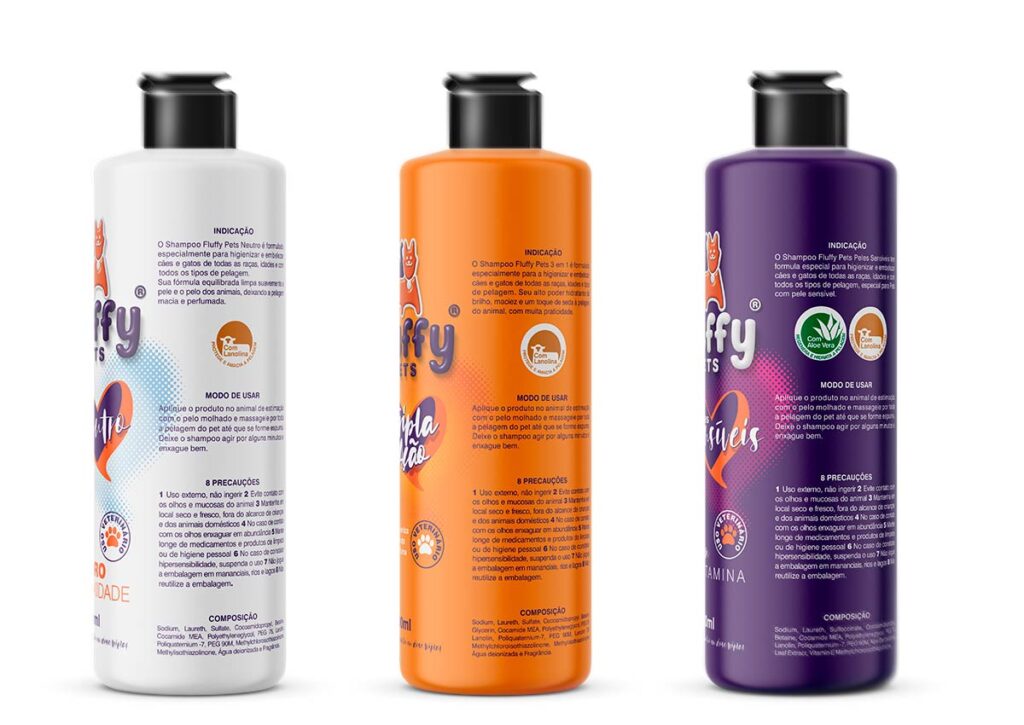 Face de informações do rótulo para as embalagens de shampoo Fluffy Pets. Criação e Design da Ópera.