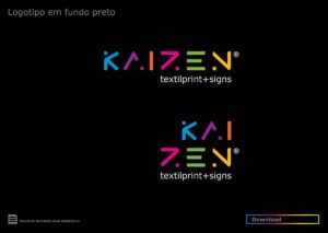 Logotipo Kaizen TextilPrint + Signs aplicado sobre fundo preto. Parte do Manual de Linguagem da Marca para a empresa especializada em Signs e Impressão Digital sobre Tecidos desenvolvido pela Ópera Criativa.