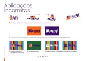 Aplicações Incorretas do logotipo FluffyPets. Parte do Manual de Linguagem de Marca desenvolvido pela Ópera Criativa.