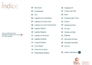 Índice do manual de linguagem de marca Mandala Beach. 29 Páginas de conteúdo imprescindível para a marca.