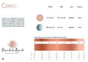 Página do manual de linguagem de marca Mandala Beach. Cores padrão. CMYK, RGB, Hexadecimal e Pantone.