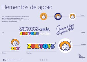 Elementos de Apoio ao Design ZukToys. Parte do Manual de Linguagem da Marca desenvolvido pela Ópera Criativa para a loja de brinquedos e jogos.