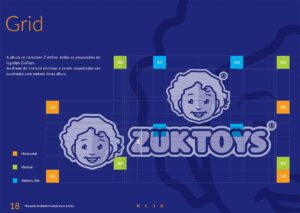 Grid modular do Logotipo ZukToys. Parte do Manual de Linguagem da Marca desenvolvido pela Ópera Criativa para a loja de brinquedos e jogos.