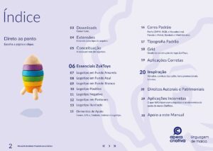 Conteúdo do Manual ZukToys. Parte do Manual de Linguagem da Marca desenvolvido pela Ópera Criativa para a loja de brinquedos e jogos.