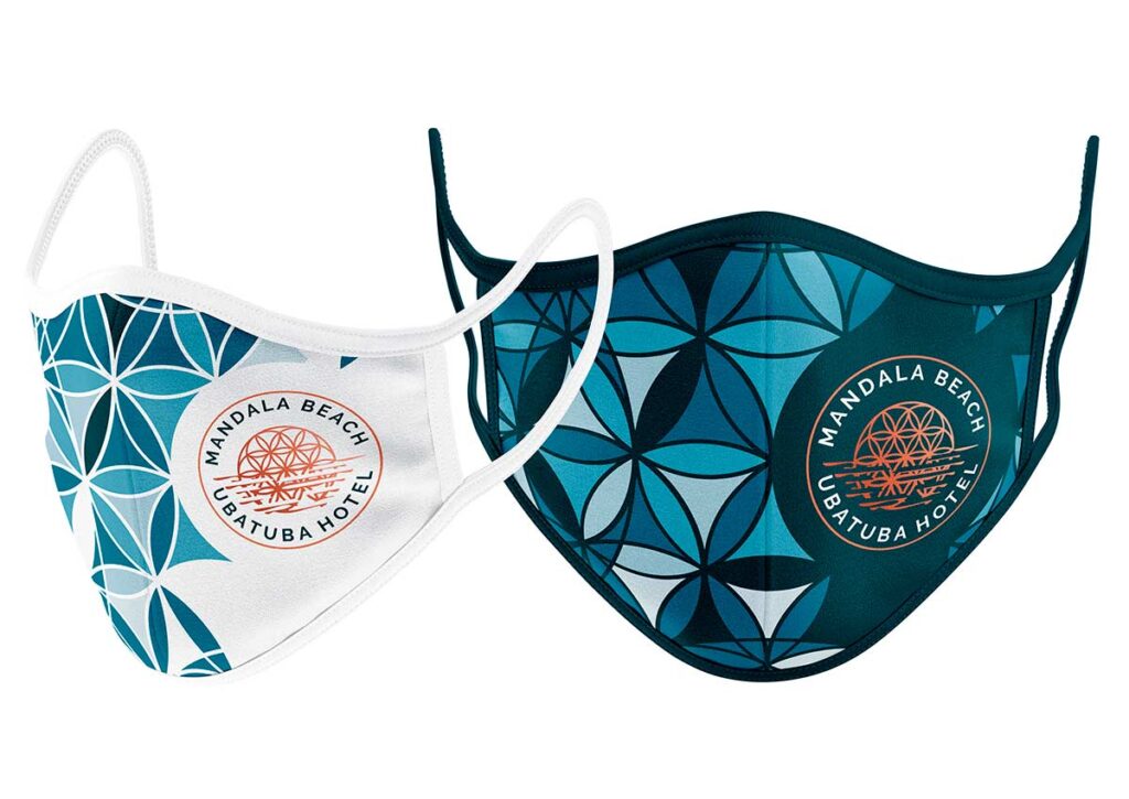 Proposta de máscaras faciais para funcionários do hotel Mandala Beach de Ubatuba. Criação e design Ópera Criativa.