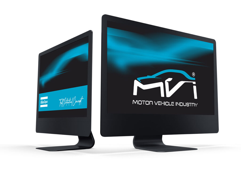 Proteções de Tela do Programa MVI Motor Vehicle Industry. Parte integrante do Manual de Linguagem da Marca desenvolvido pela Ópera Criativa para a Atlas Copco Brasil.