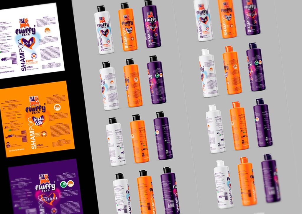 Comparativo de tampas para composição das embalagens dos shampoos Fluffly Pets de uso veterinário.
