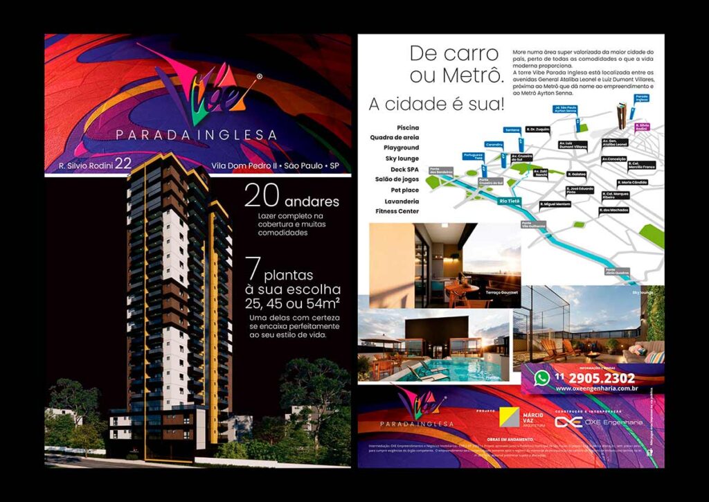 Frente e Verso do folheto criado pela Ópera para a OXE Engenharia de São Paulo, SP para apresentar o empreendimento Vibe Parada Inglesa.