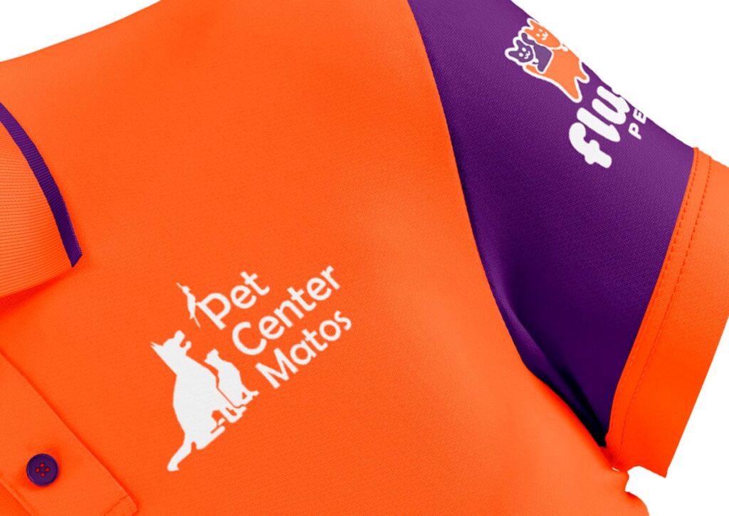 Proposta de Camisa Tipo Polo para funcionários do Pet Center Matos, promotor da Marca FluffyPets. Da Ópera Criativa, Linguagem de Marca.