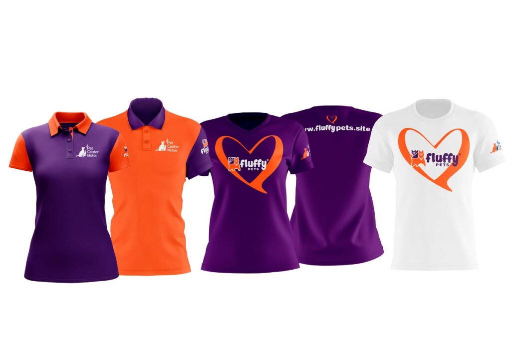 Camisas e camisetas funcionais e promocionais criadas pela Ópera para a FluffyPets.