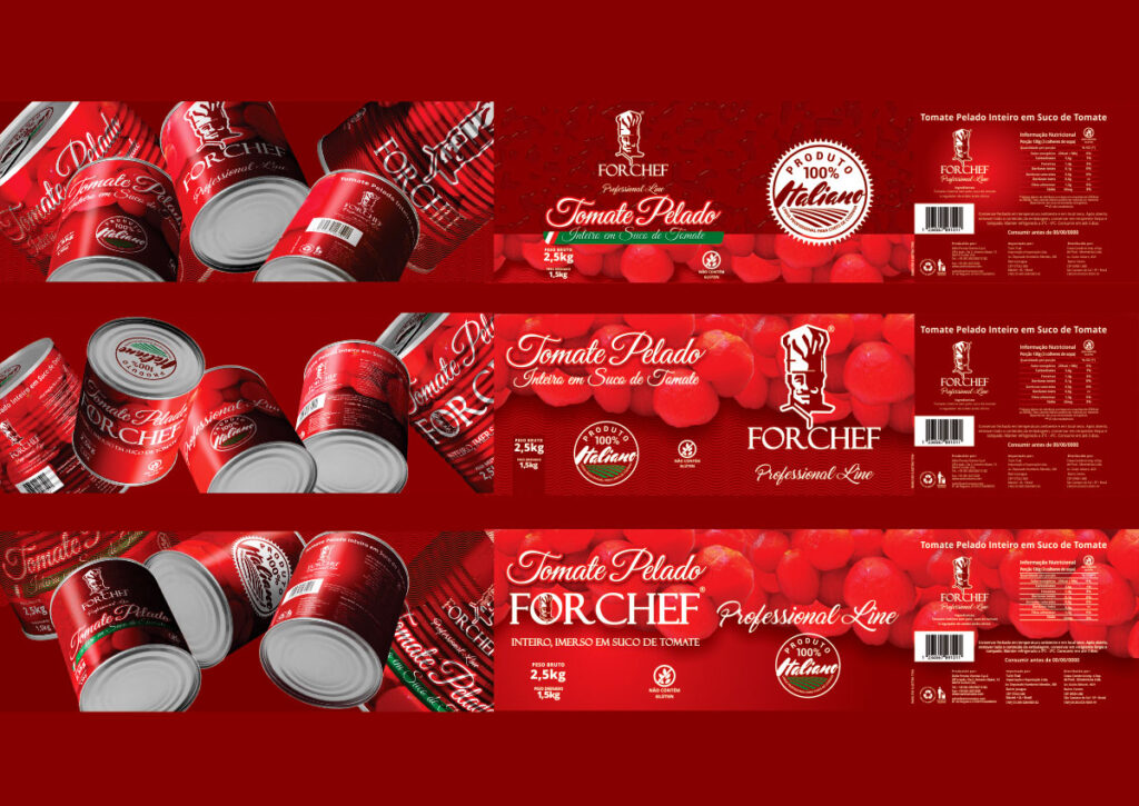 Propostas de Rótulo para Tomate Pelado ForChef, criadas pela Ópera para a Costa Importação & Exportação.