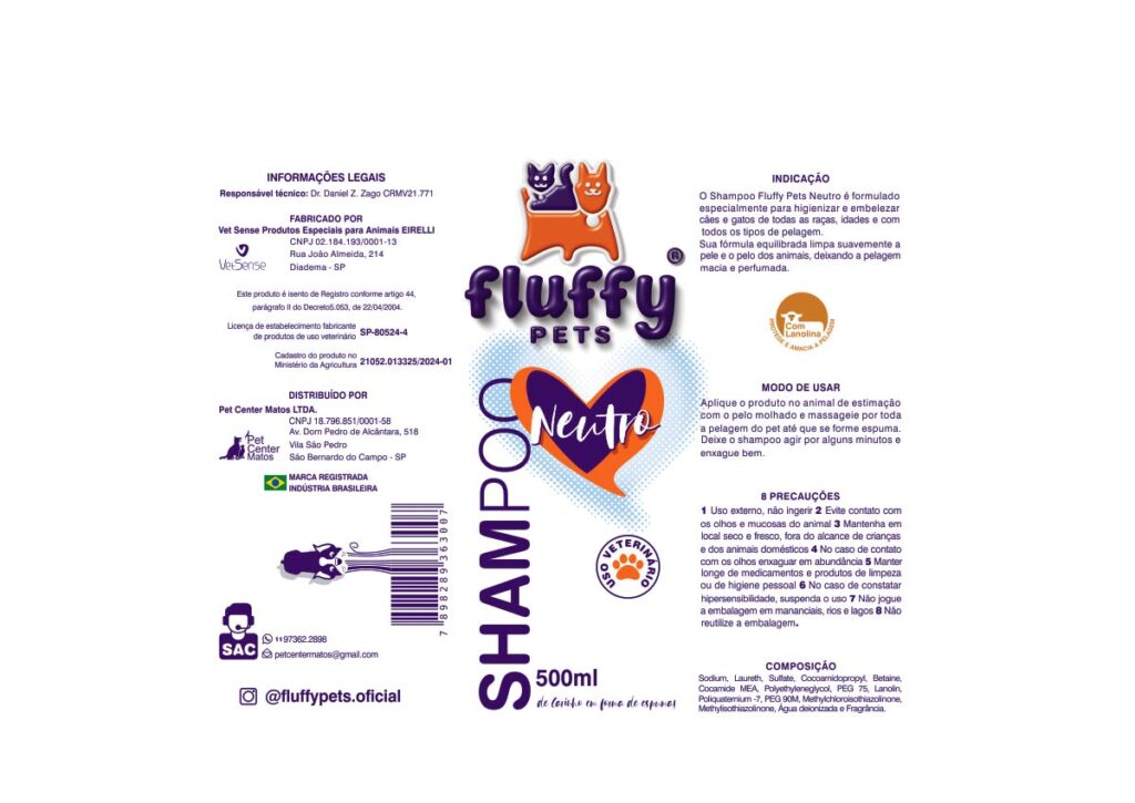 Planificação do rótulo termoencolhível do shampoo Neutro Fluffy Pets para uso veterinário.