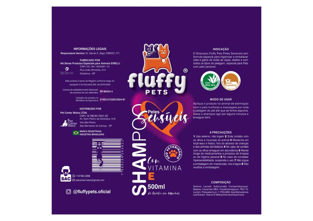 Planificação do rótulo termoencolhível do shampoo Fluffy Pets Peles Sensíveis para uso veterinário.