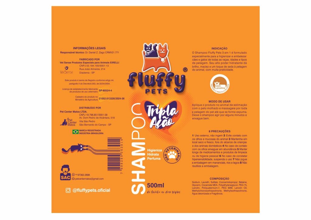 Planificação do rótulo termoencolhível do shampoo Fluffy Pets Tripla Ação para uso veterinário.