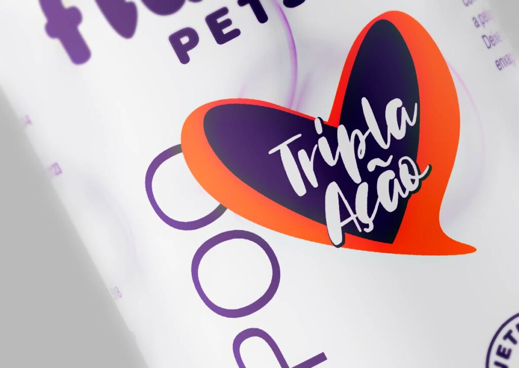 Detalhe do selo "Tripla Ação" criado pela Ópera para constar das embalagens de shampoos Fluffy Pets.