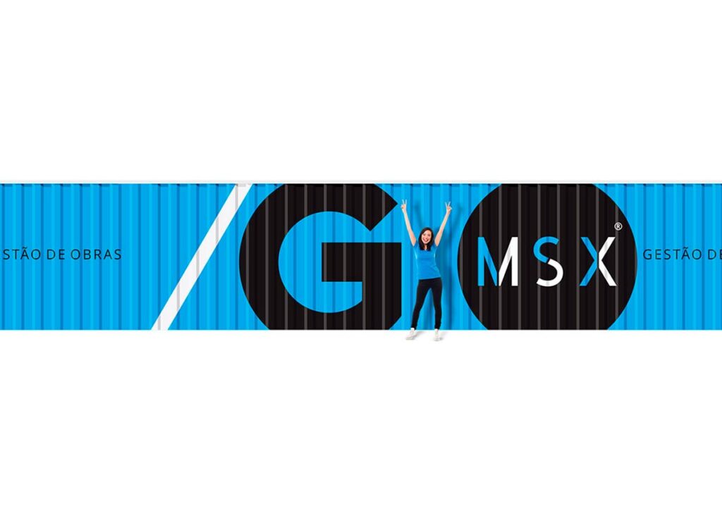 Tapume MSX/GO. Parte do Manual de Linguagem da Marca desenvolvido pela Ópera Criativa para a empresa paulista especializada em Gerenciamento de Obras.