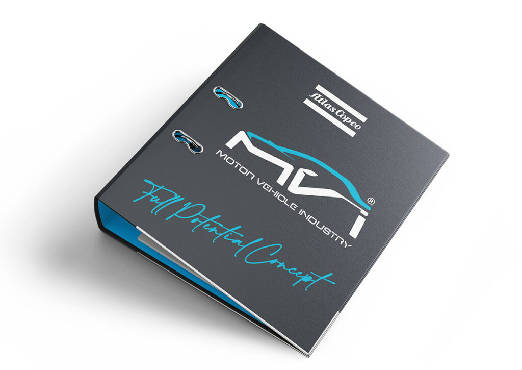 Pasta de Treinamento do Programa MVI Motor Vehicle Industry. Parte integrante do Manual de Linguagem da Marca desenvolvido pela Ópera Criativa para a Atlas Copco Brasil.