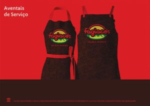Aventais de serviço Fagiacos Salad & Burger. Parte do Manual de Linguagem de Marca desenvolvido pela Ópera Criativa.