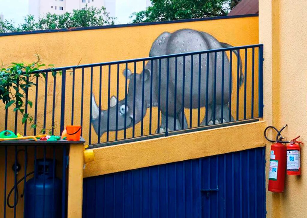 Rinoceronte de Olhos Verdes, no Mural do Colégio Íntegro, Ópera Criativa, Linguagem de Marca