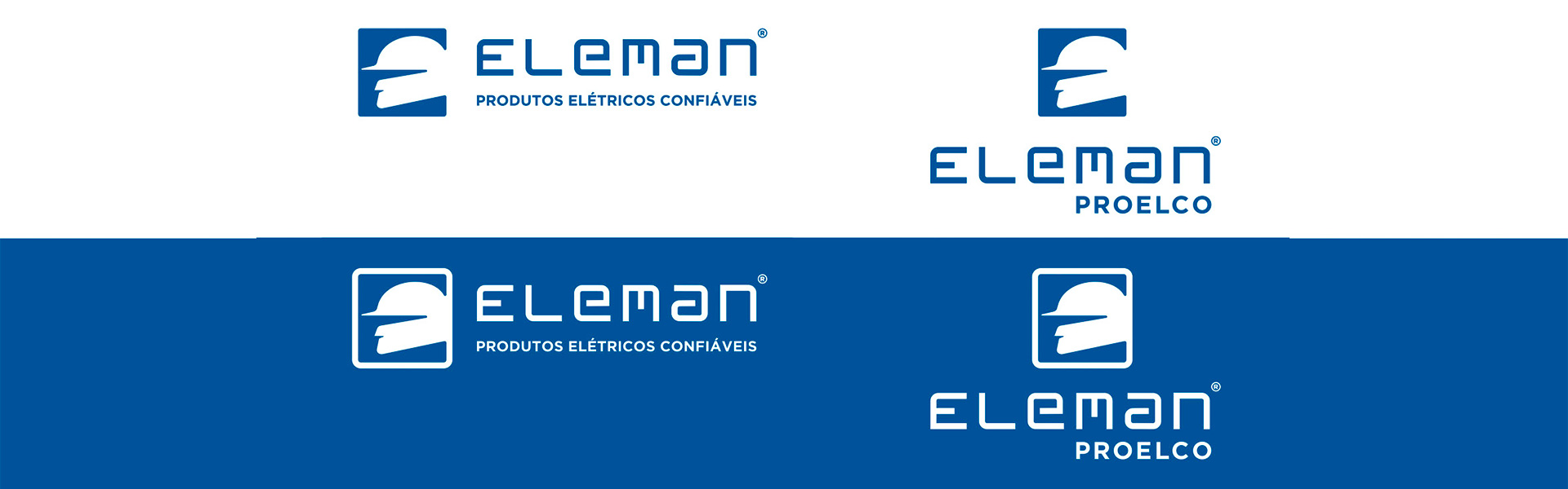 Logotipos Eleman em versões horizontal e vertical, sobre fundos branco e azul, parte dp projeto de identidade visual criado pela Ópera Criativa para a marca de produtos elétricos