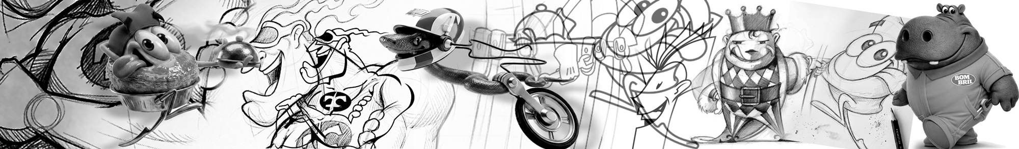 Painel ilustrativo de várias fases do design de personagens